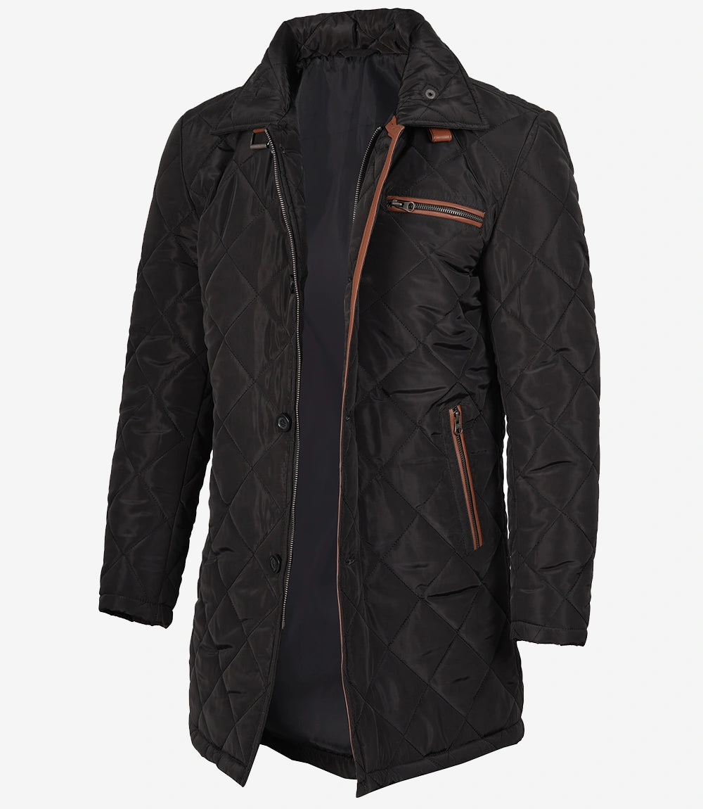 Manteau 3/4 matelassé en polyester noir pour homme avec détails marron
