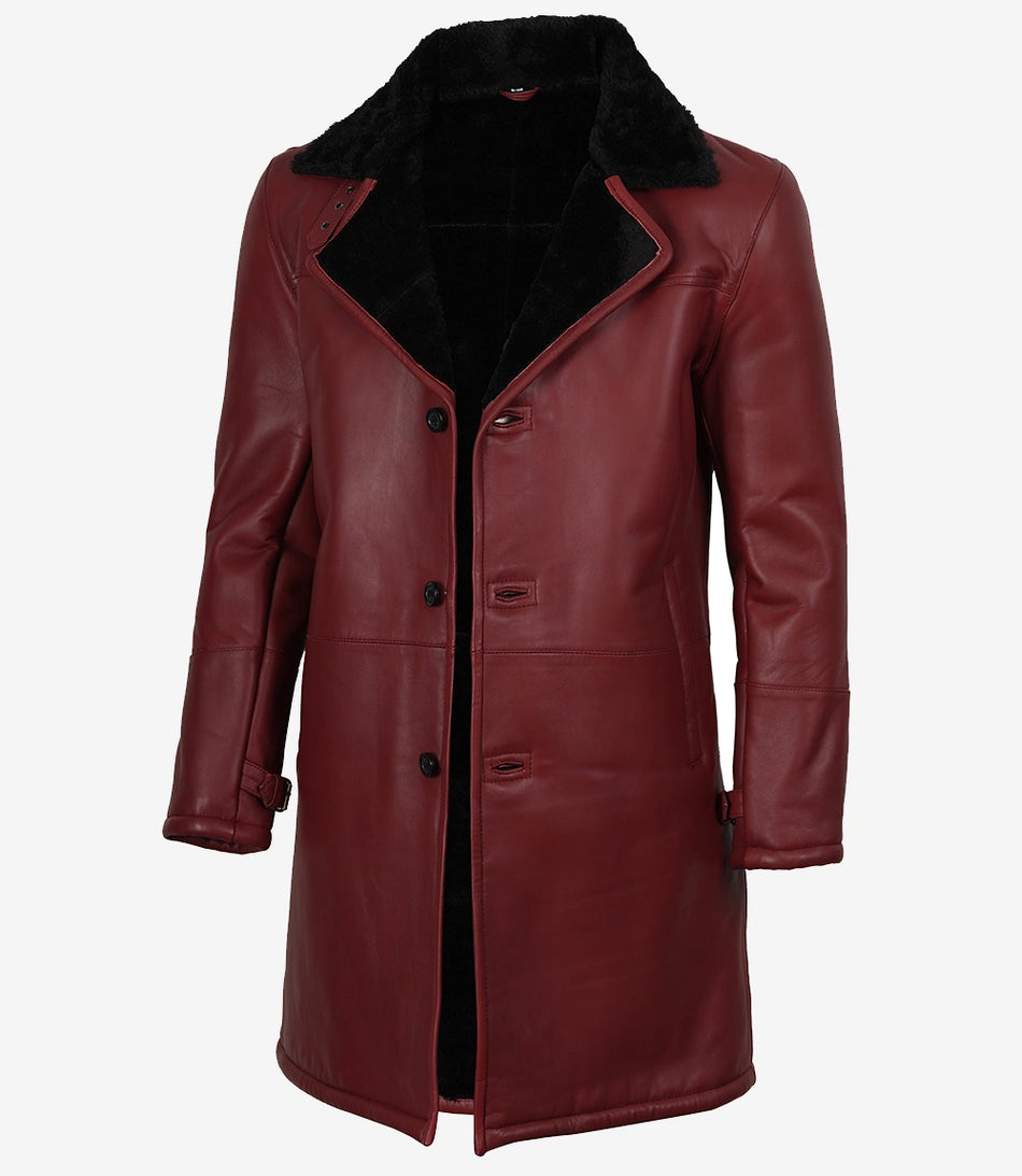 Manteau en cuir marron pour homme avec peau lainée noire