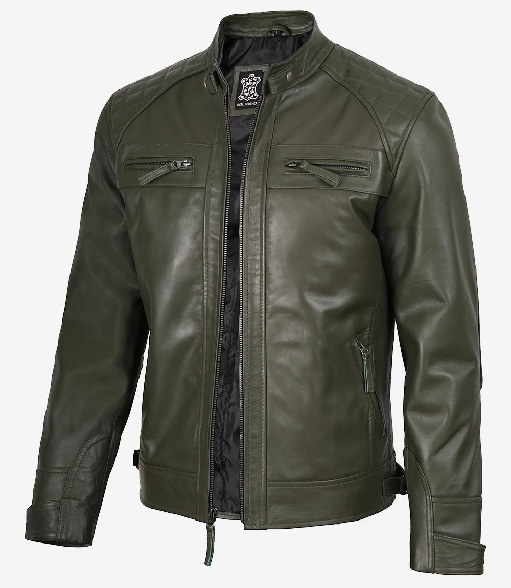 Veste en cuir vert olive style motard pour homme avec épaules matelassées