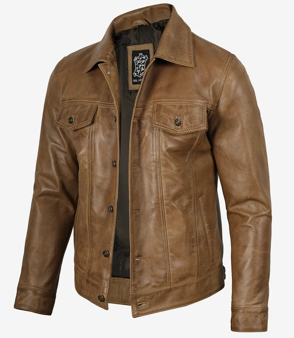 Veste de camionneur en cuir véritable marron camel pour homme