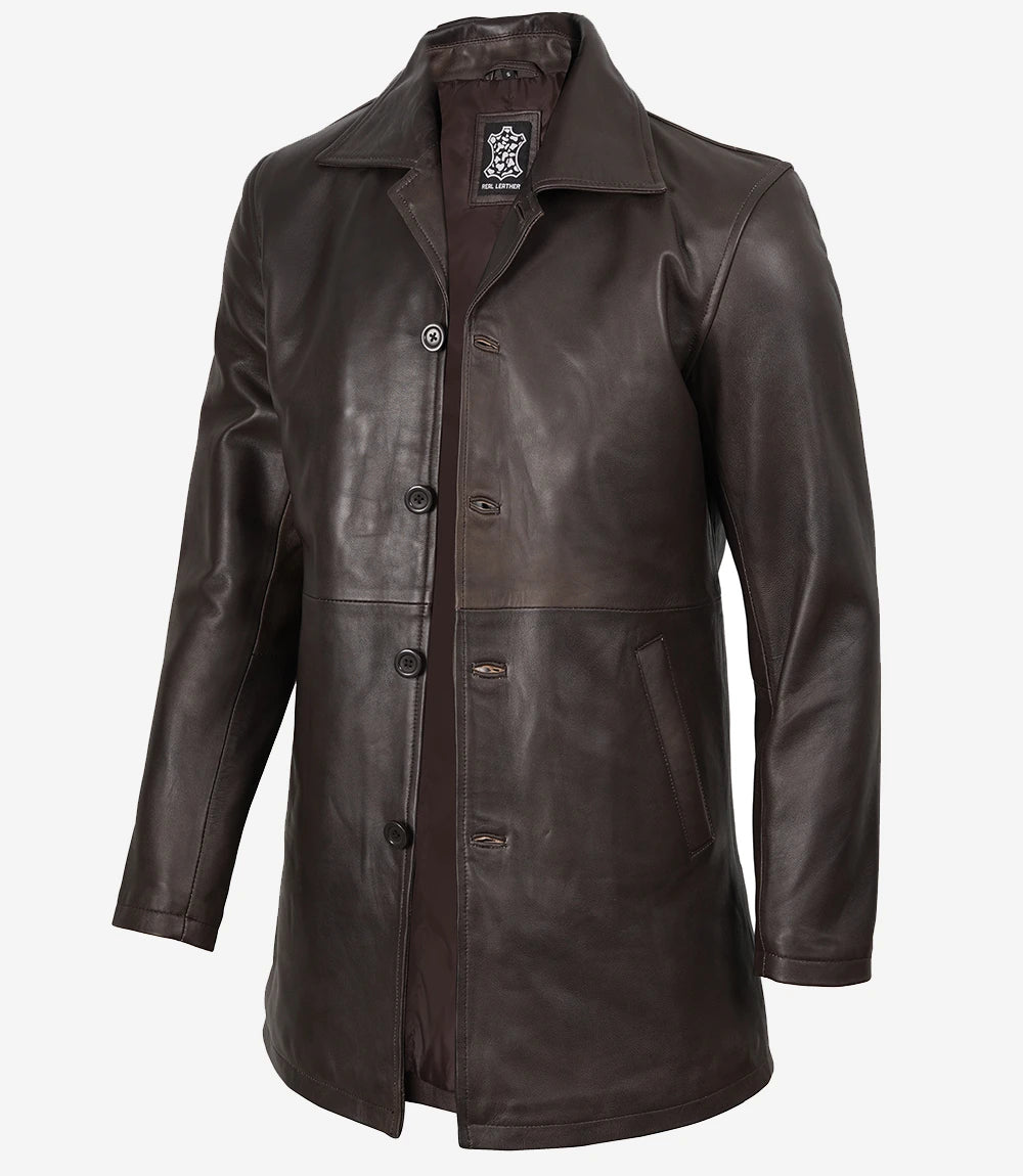 Manteau 3/4 en cuir véritable marron vieilli pour homme