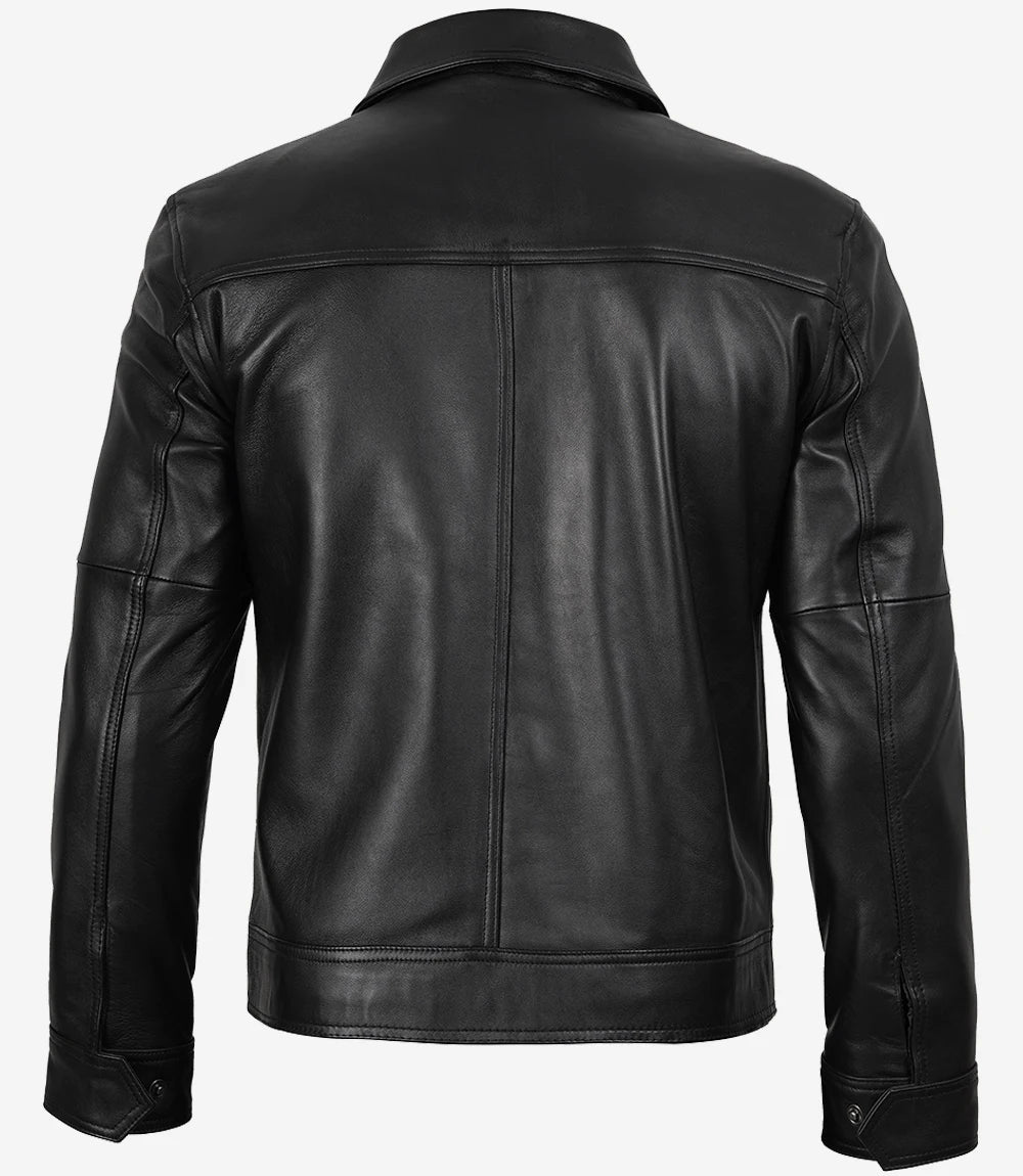 Veste en cuir noir classique à col chemise pour homme