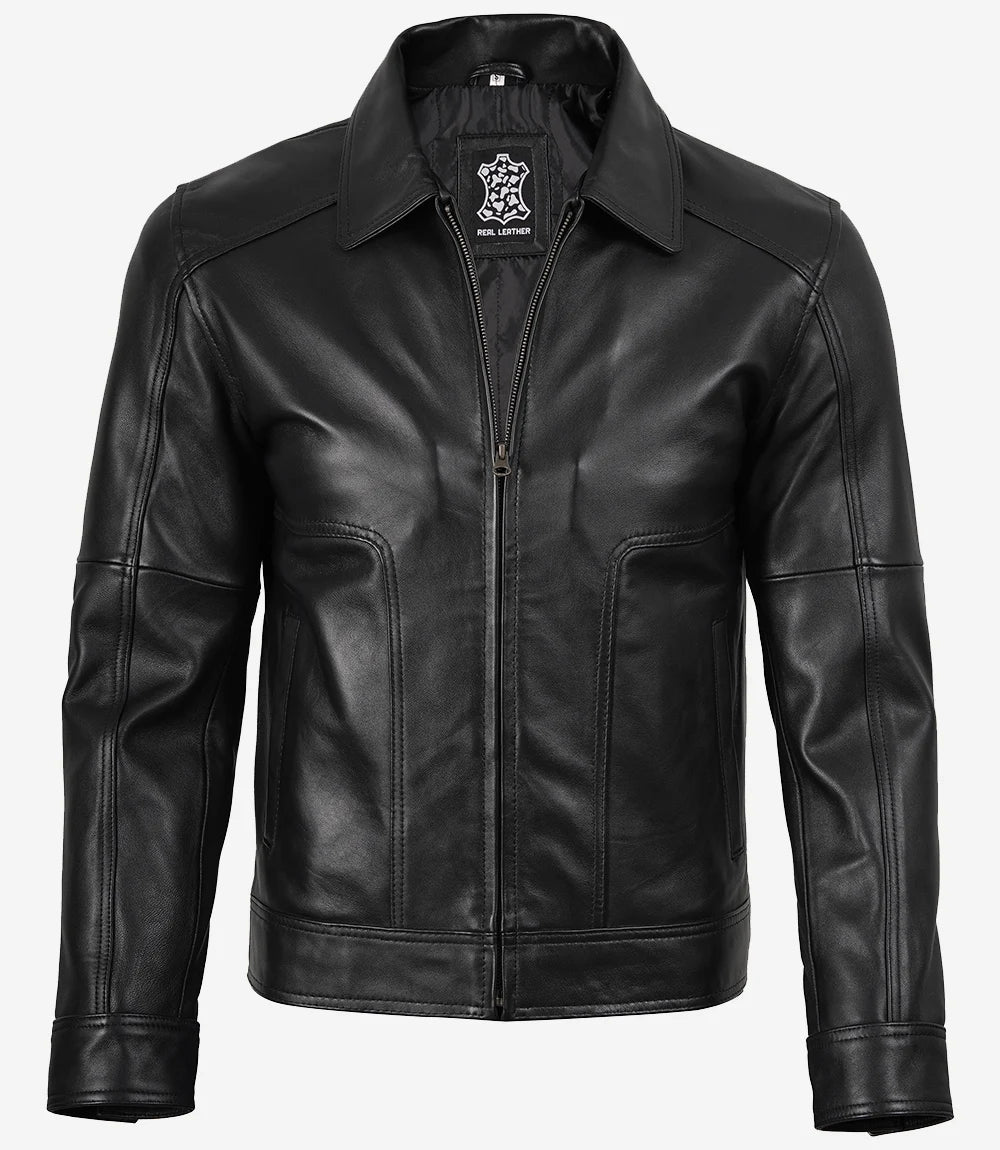 Veste en cuir noir classique à col chemise pour homme