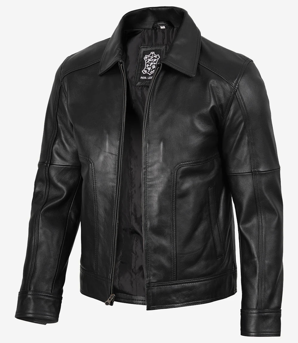 Veste en cuir noir classique à col chemise pour homme