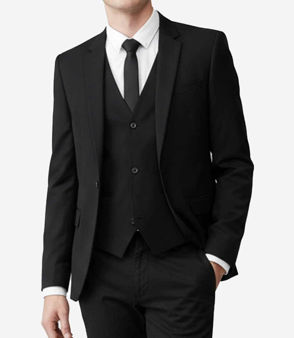 Men's Black Cotton Blend 3-Piece Suit — Single Button Notch Lapel