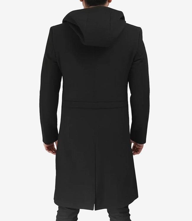 Manteau en laine noir à capuche pour homme | Fermeture éclair pour la chaleur hivernale