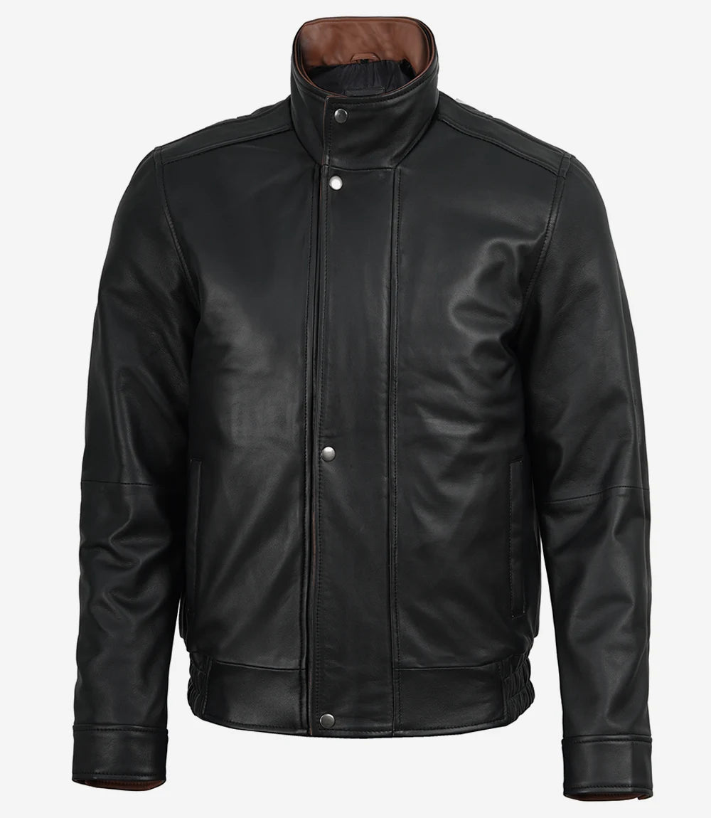 Erin Mens High-Collar Black Bomber Leather Jacket With Brown Details