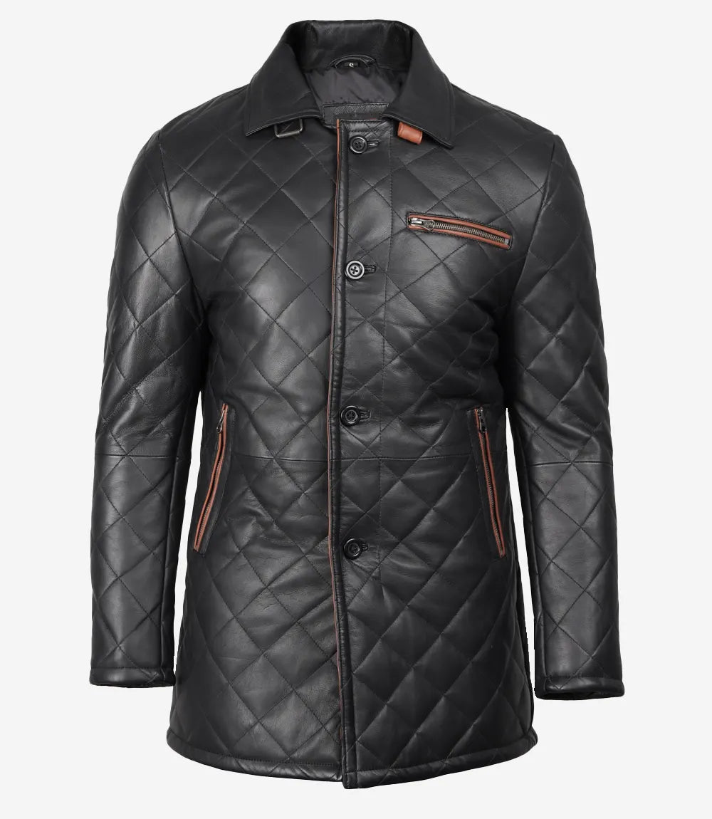 Black Quilted Leather Coat With Brown Detailing