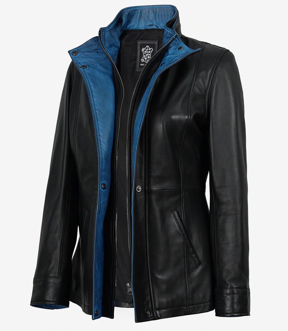 Erin Women's High-Collar Black Leather Jacket With Blue Waxed Details