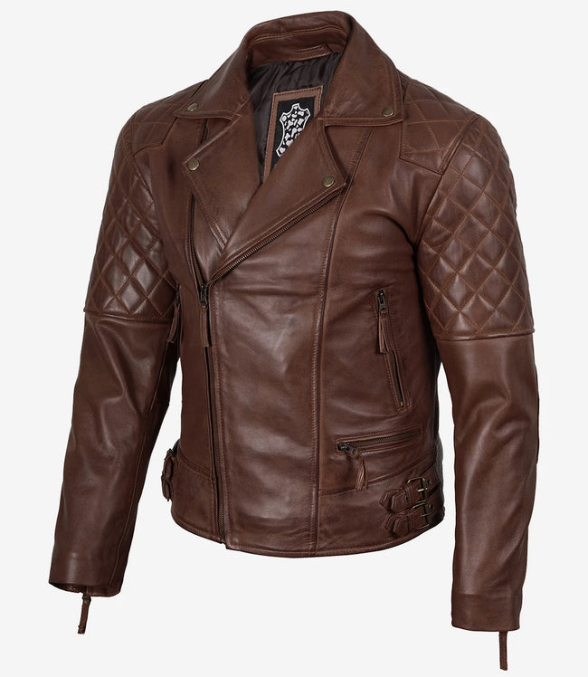 Veste en cuir asymétrique style motard cognac pour homme