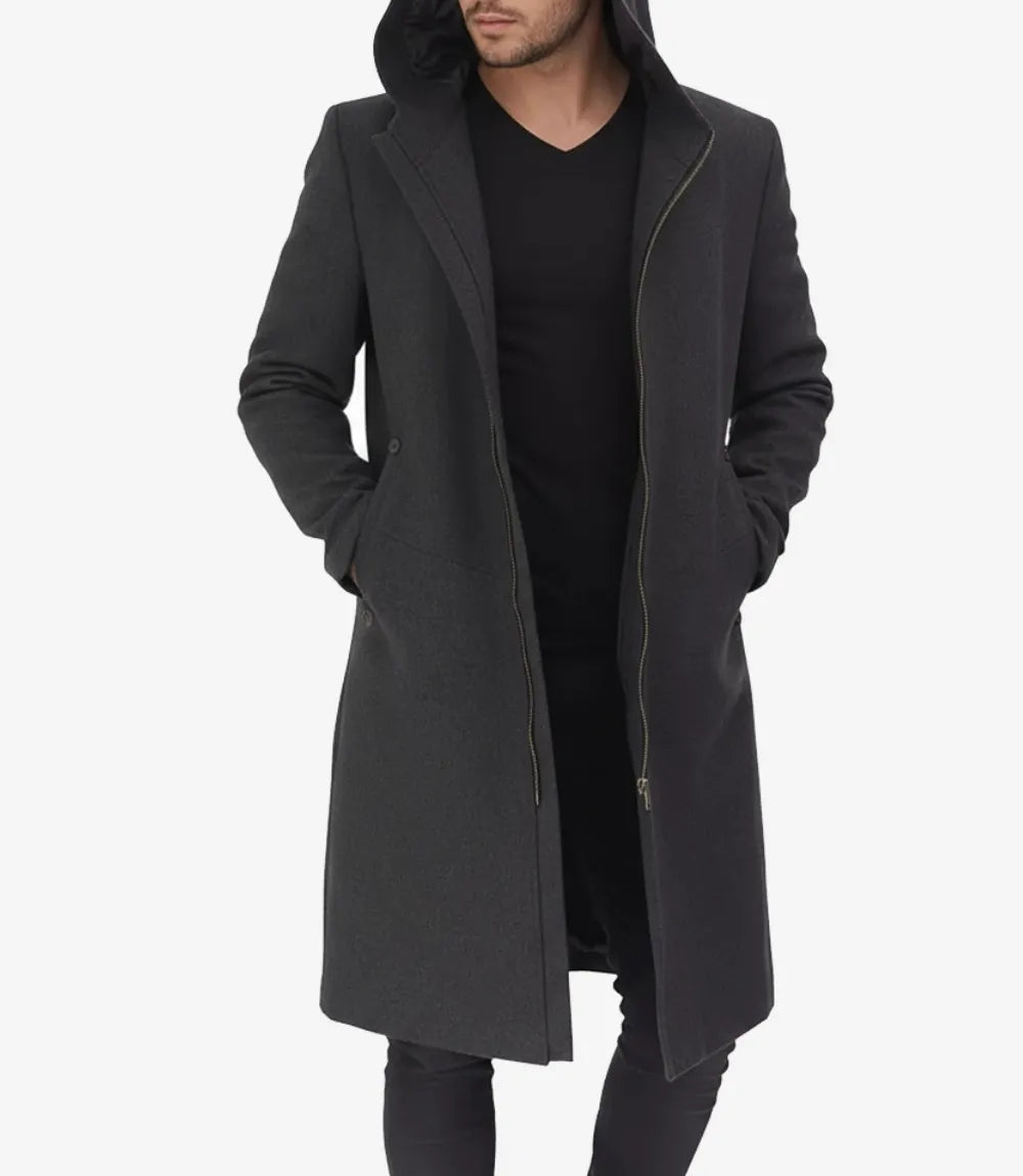 Manteau long et chaud en laine grise à capuche pour homme | Manteau d'hiver chaud