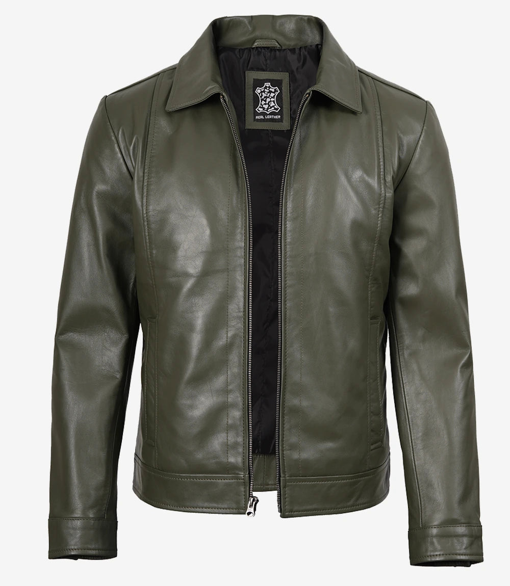 Mens Shirt Collar Green Leather Jacket
