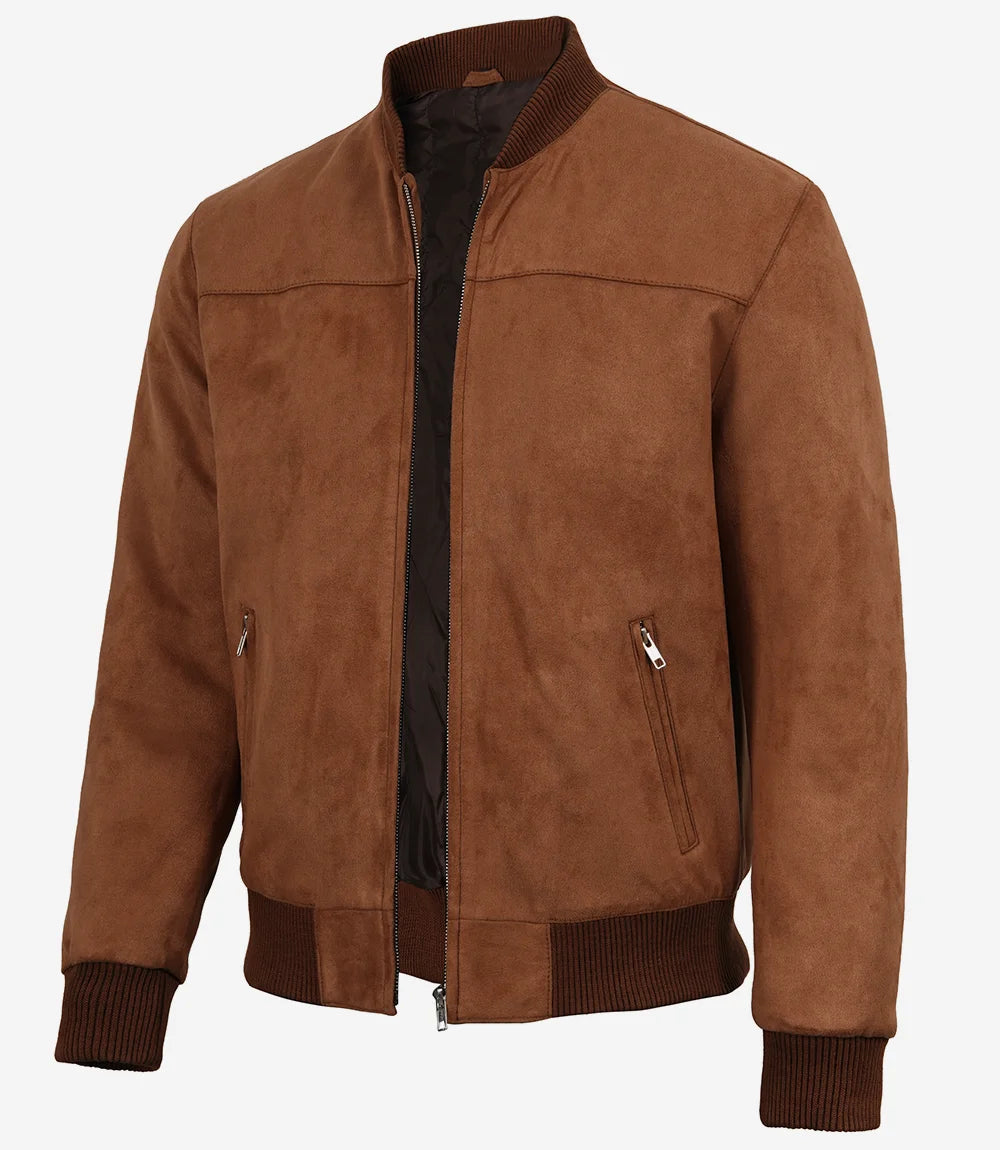 Men's Light Brown Faux Suede Bomber Jacket