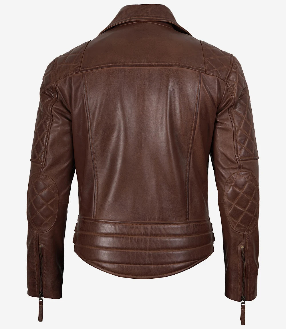 Veste en cuir asymétrique style motard cognac pour homme