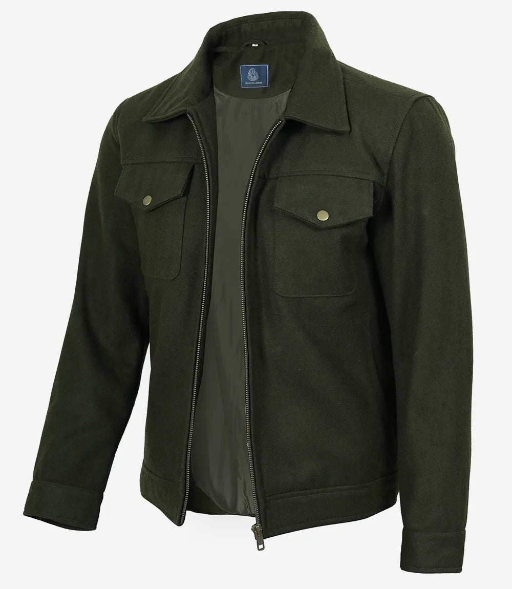 Veste utilitaire en laine vert olive pour homme – Fermeture zippée