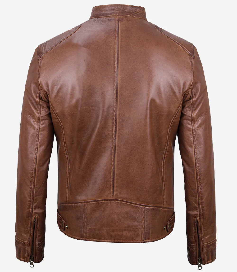 Veste motard en cuir cognac pour homme