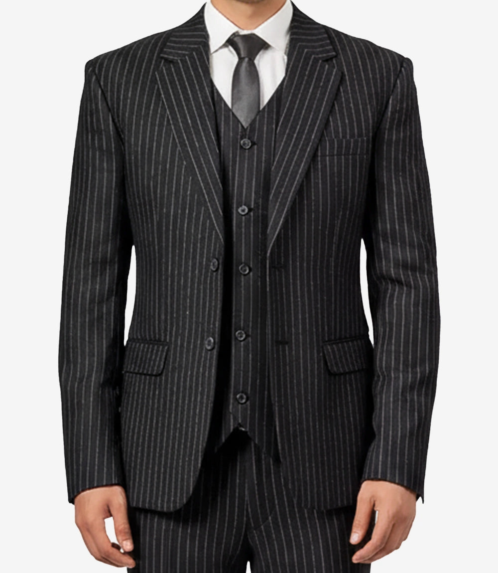Costume trois pièces noir à rayures fines pour homme – Style gangster Shelby vintage
