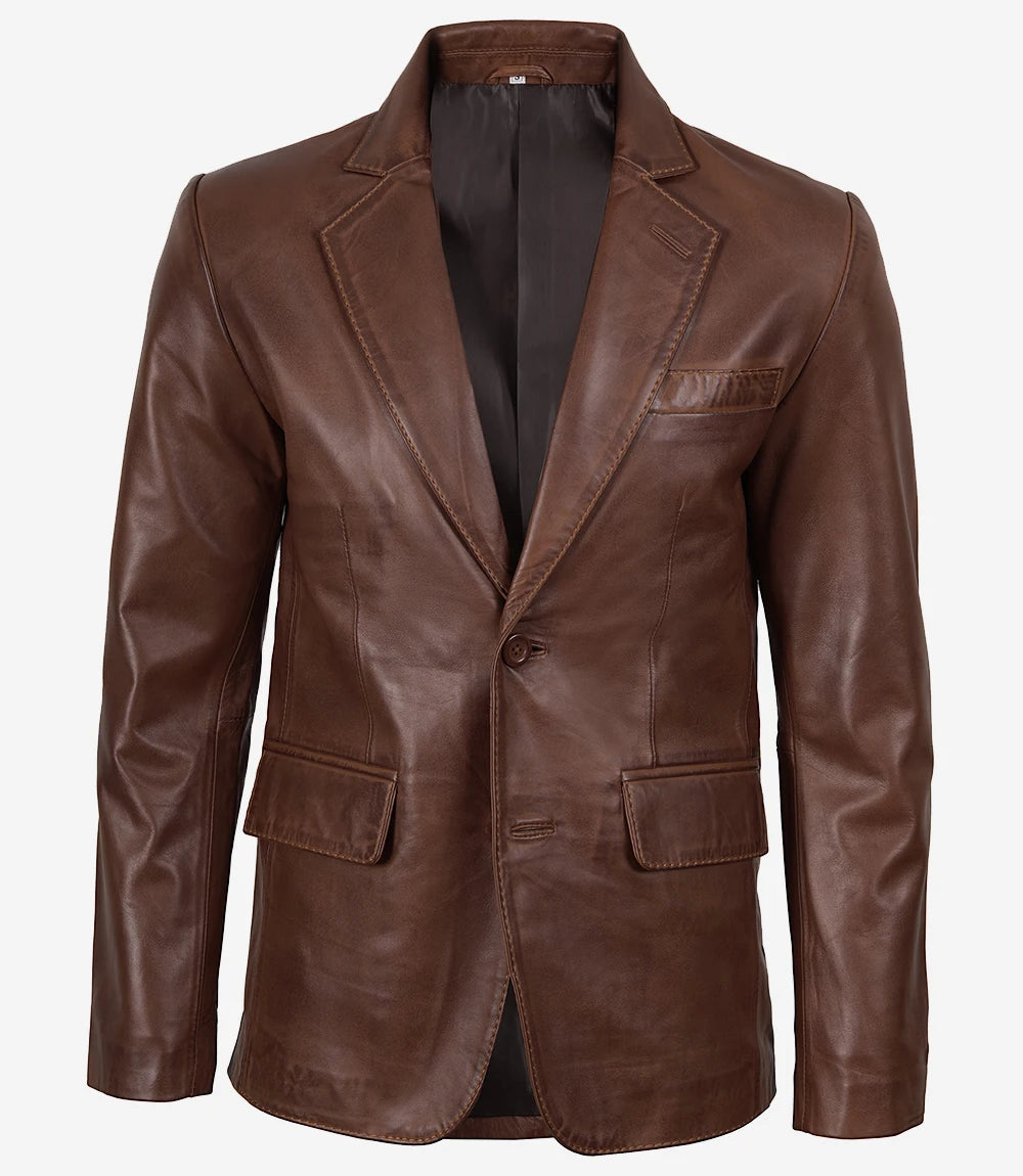Blazer homme en cuir ciré cognac à deux boutons – Revers cranté