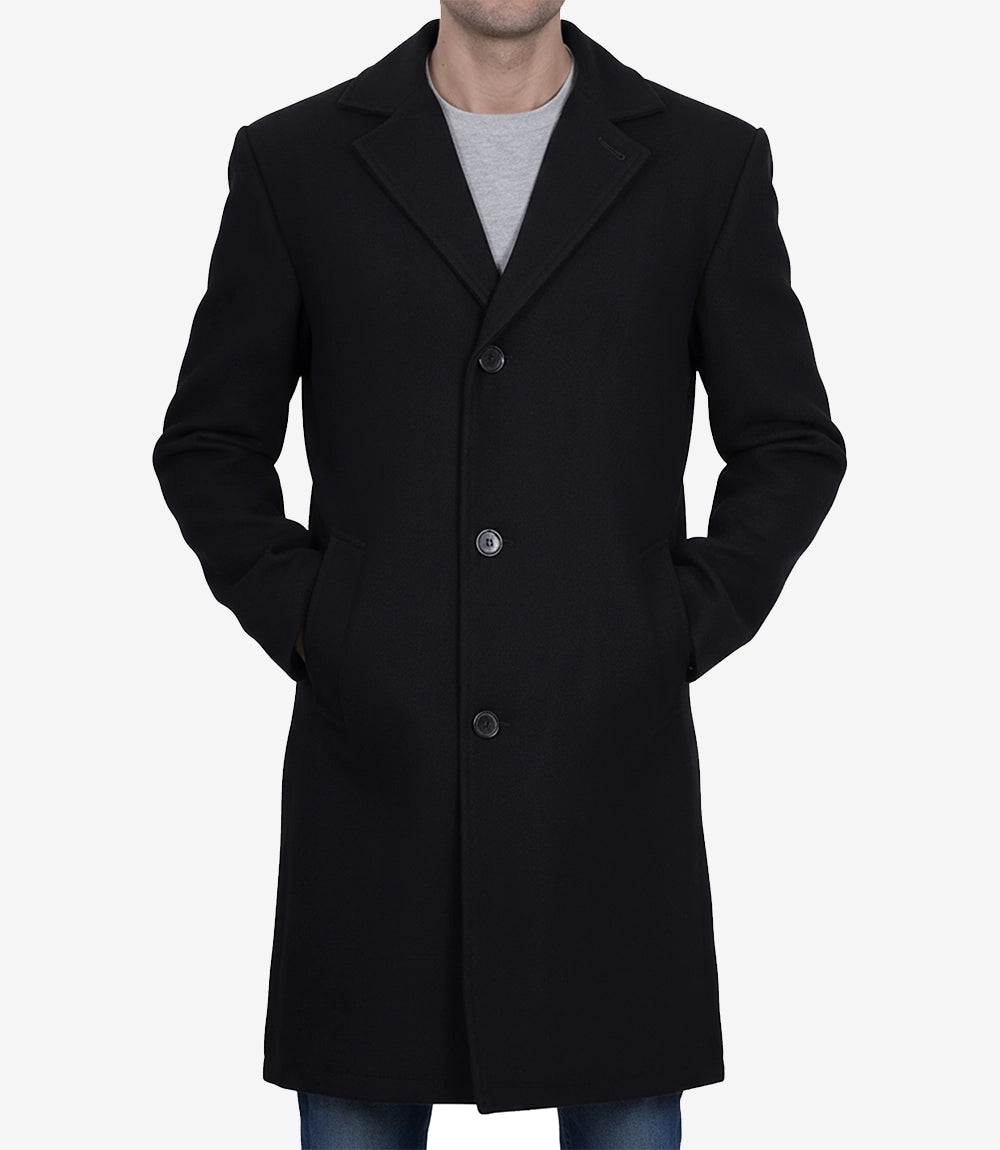 Manteau en laine noire à simple boutonnage pour homme – Coupe moderne
