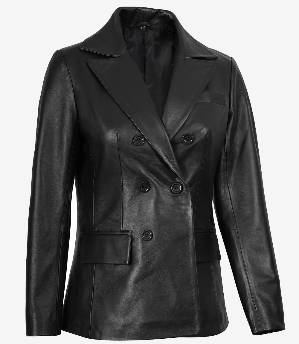 Manteau croisé en cuir noir pour femme avec col à revers crantés