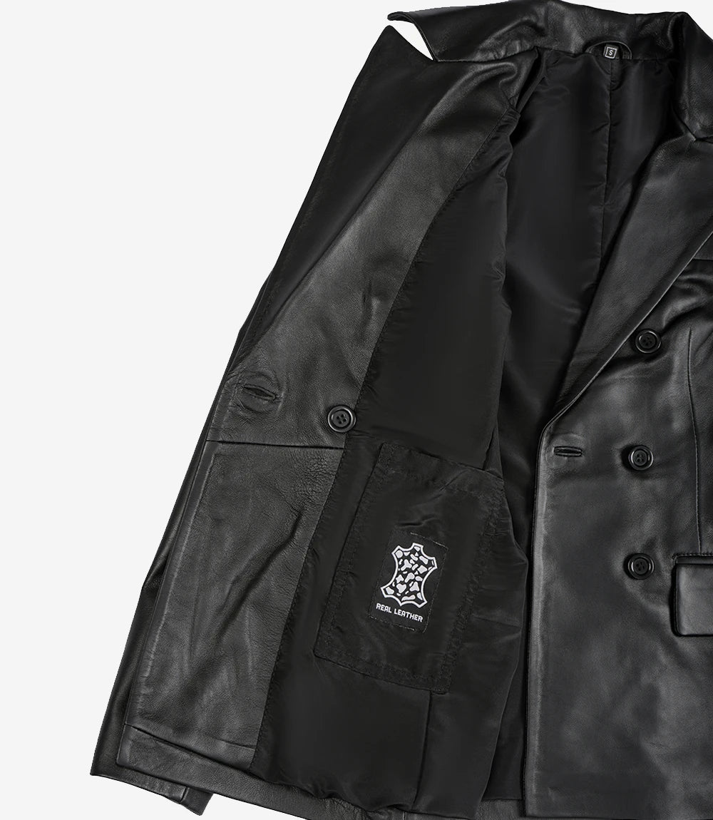 Manteau croisé en cuir noir pour femme avec col à revers crantés