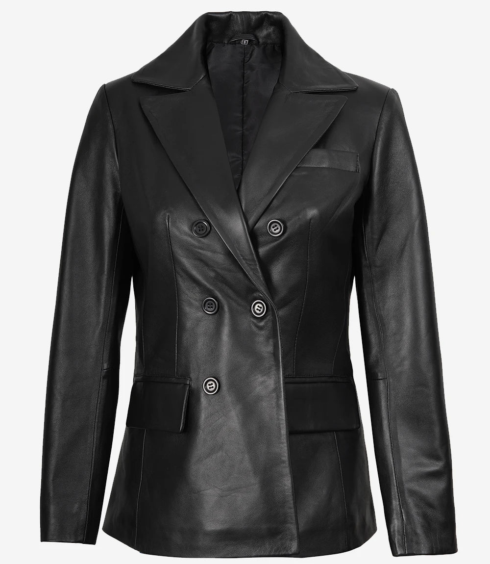 Manteau croisé en cuir noir pour femme avec col à revers crantés