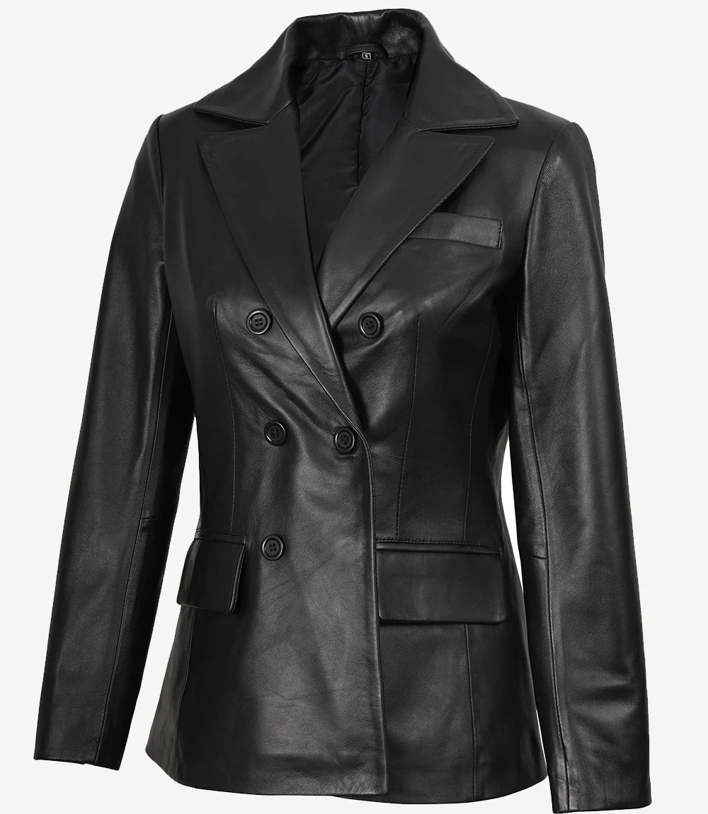 Manteau croisé en cuir noir pour femme avec col à revers crantés