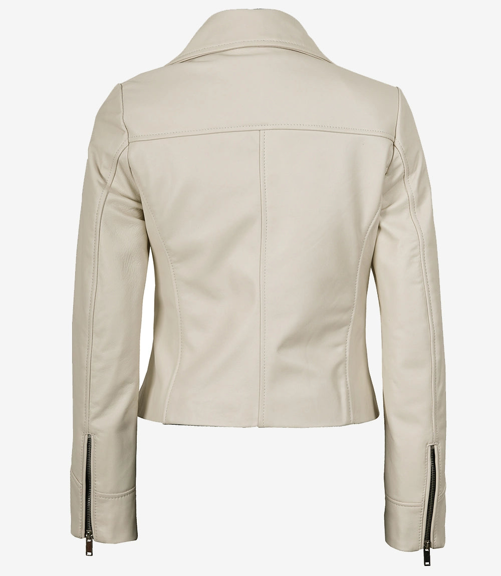 Veste style motard en cuir d'agneau véritable pour femme, blanc cassé