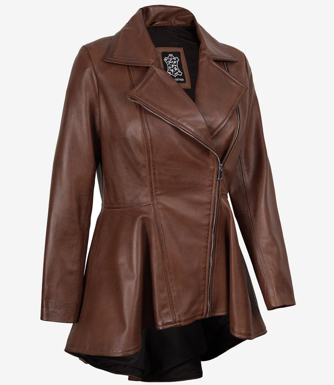 Veste en cuir à basque asymétrique cognac pour femme