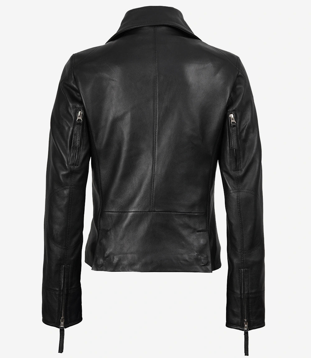 Veste de motard asymétrique en cuir noir pour femme Ramsey