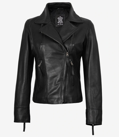 Veste de motard asymétrique en cuir noir pour femme Ramsey