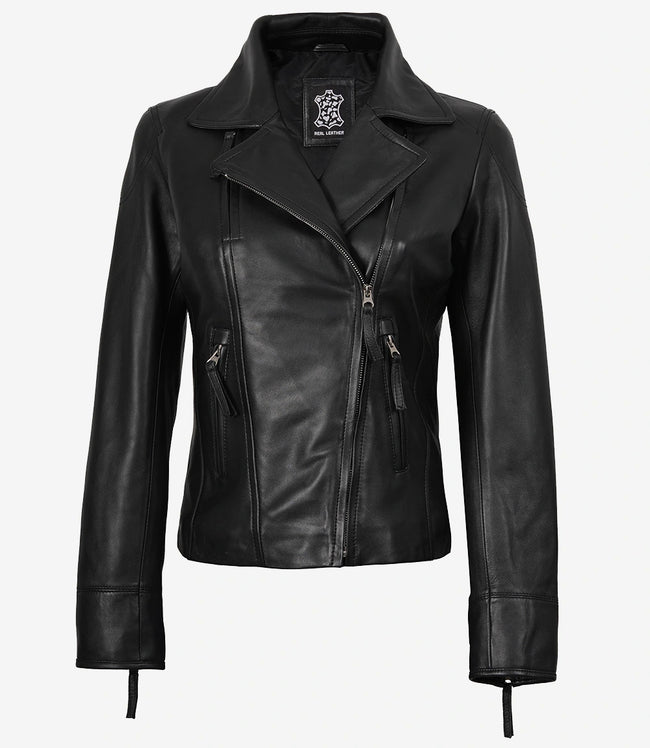 Veste de motard asymétrique en cuir noir pour femme Ramsey