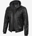 Blouson aviateur en cuir noir pour homme avec capuche amovible