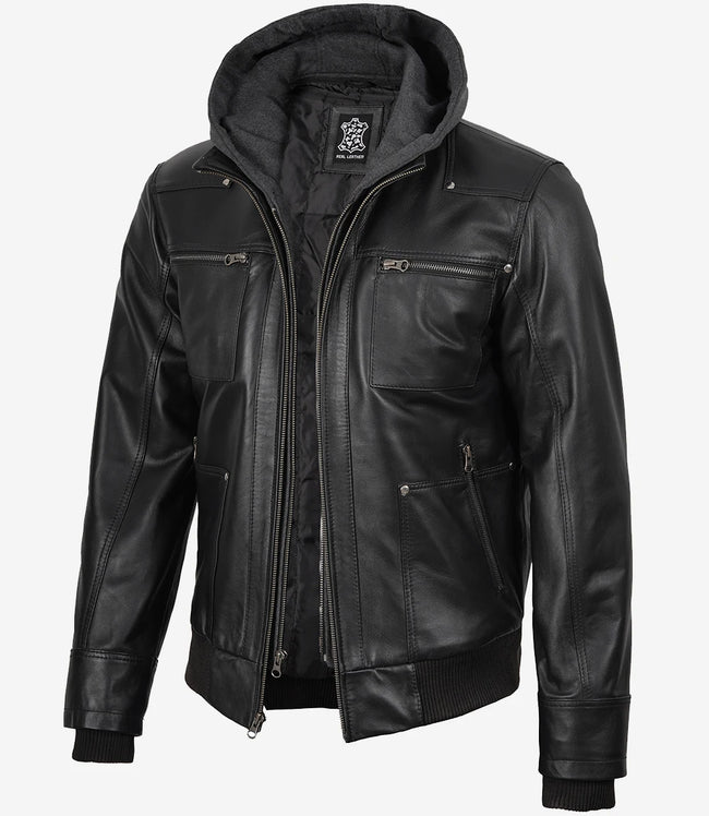 Blouson aviateur en cuir noir pour homme avec capuche amovible