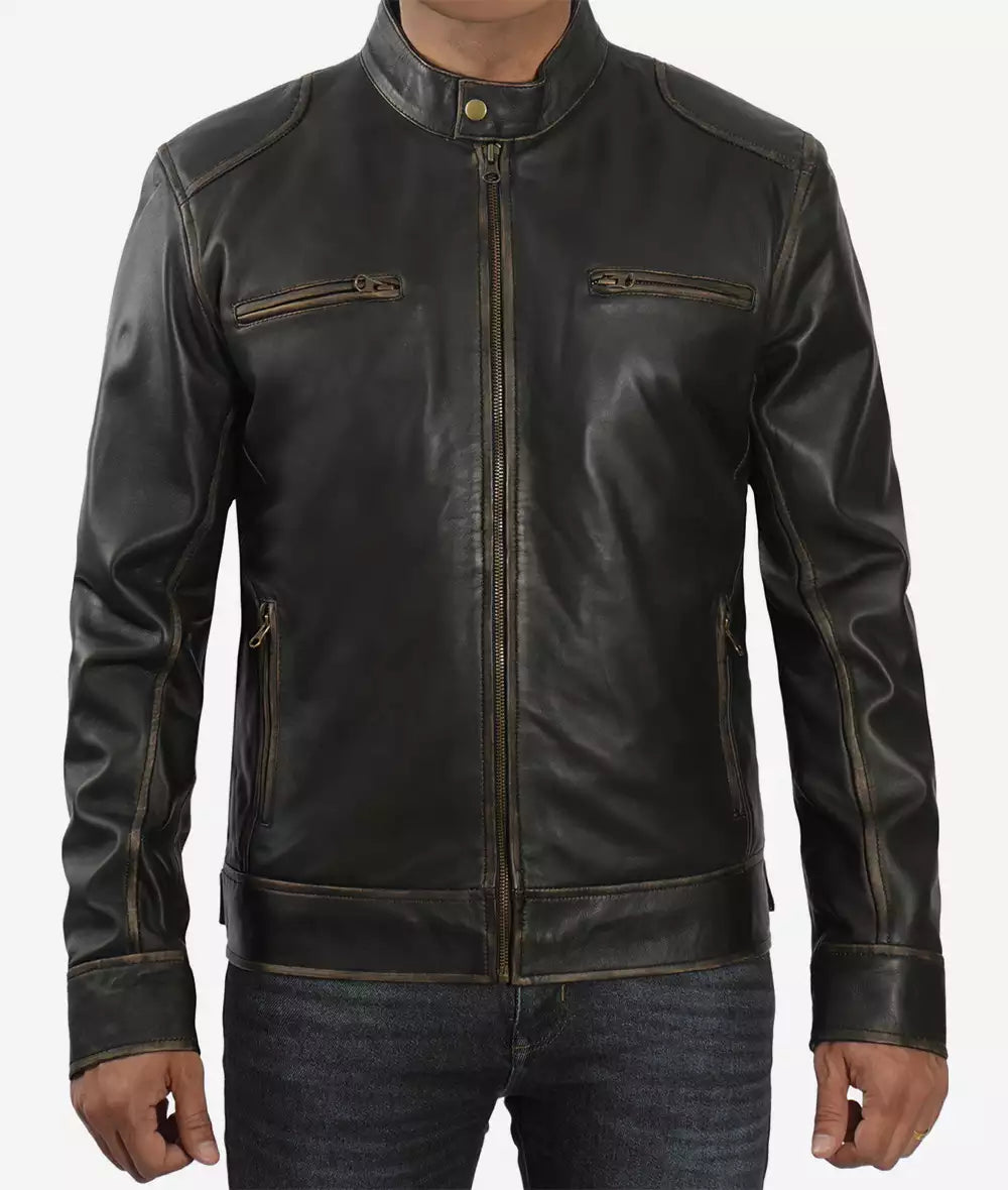Mens Tall Real Leather Rub Off Brown Cafe Racer Jacket