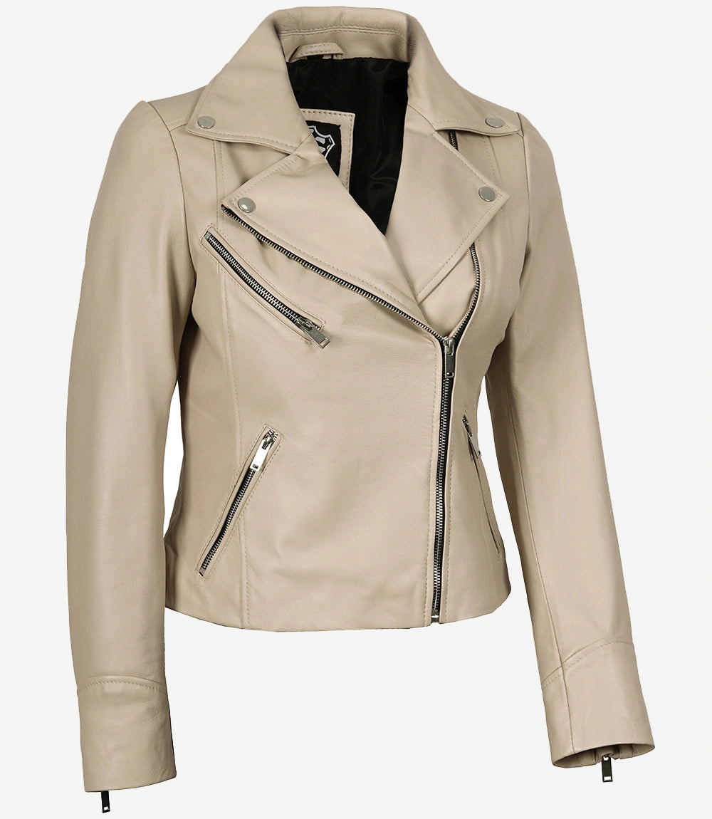 Veste de motard beige en cuir d'agneau véritable pour femme