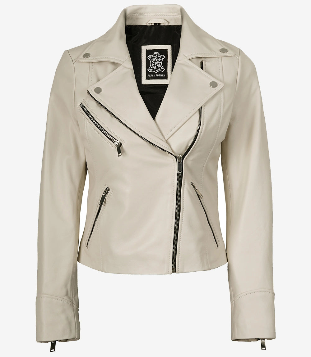 Veste style motard en cuir d'agneau véritable pour femme, blanc cassé