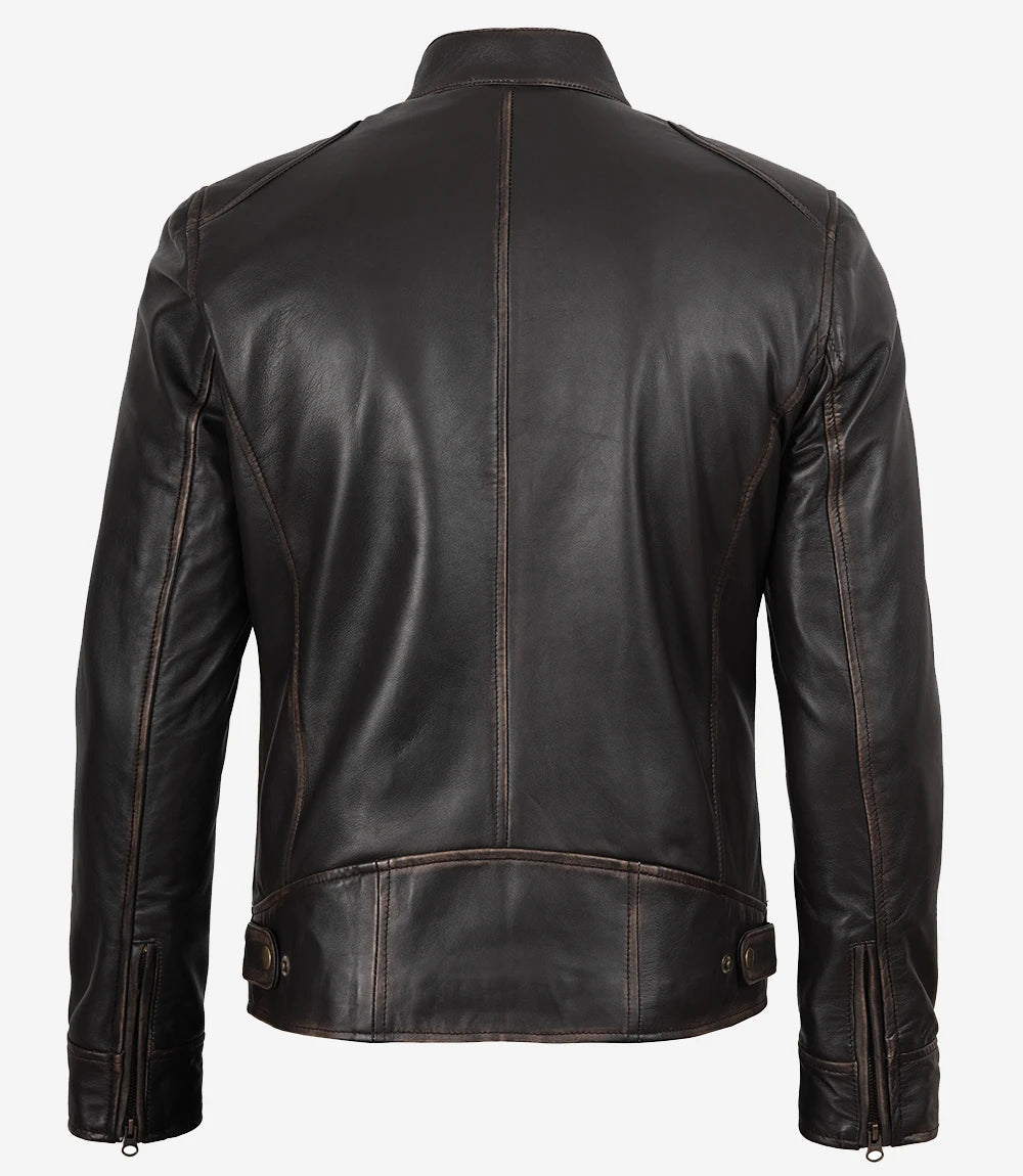 Veste en cuir marron vieilli style motard pour homme