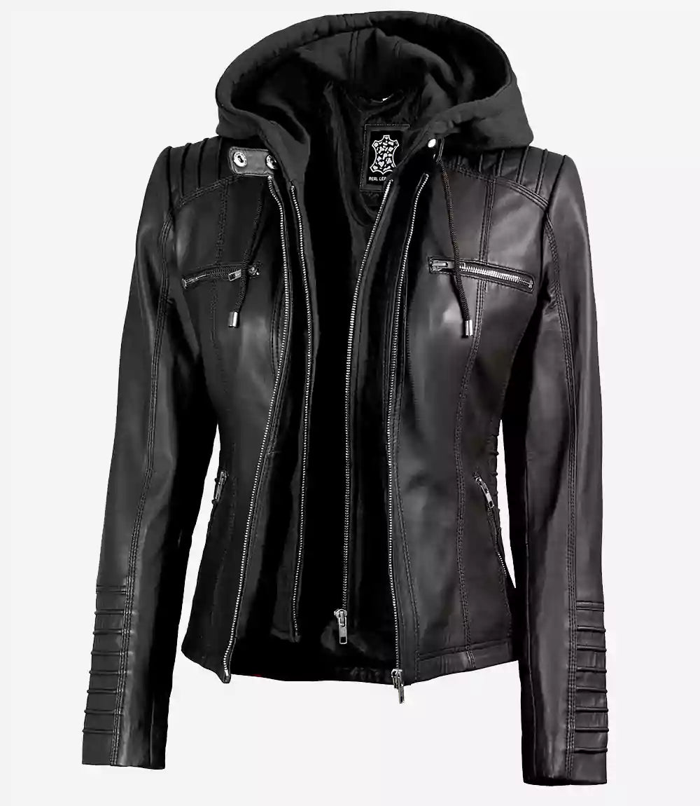 Womens Tall Black Leather Jacket With Hood
