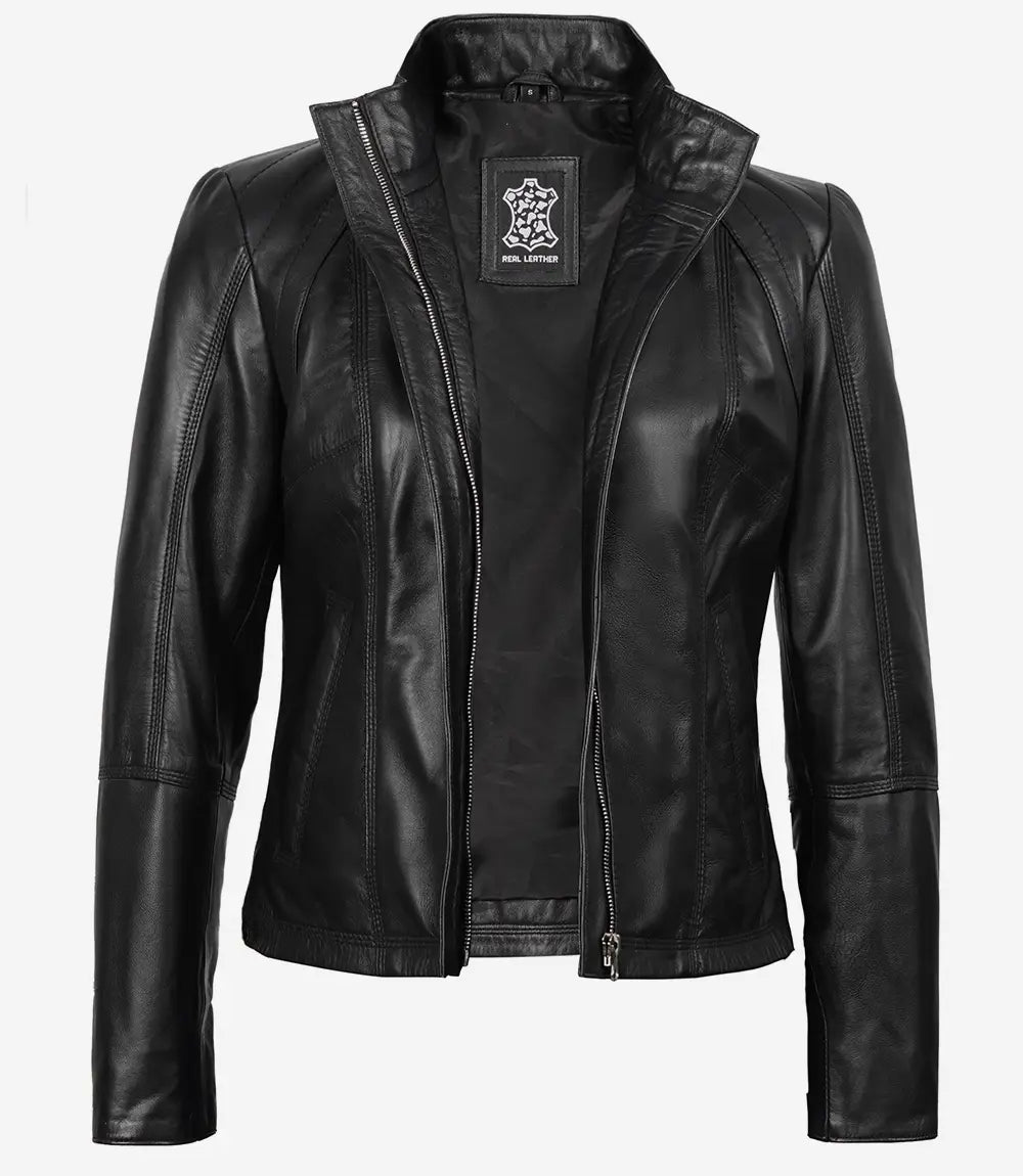 Womens Black Leather Cafe Racer Jacket