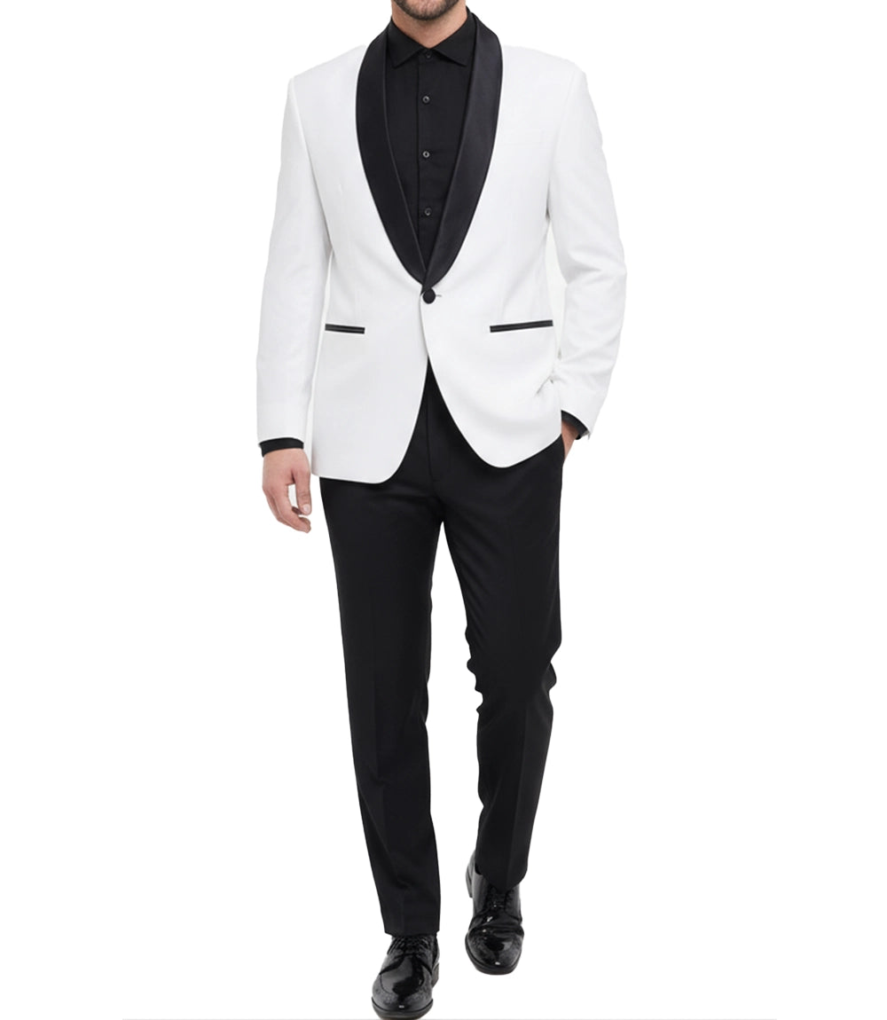 Men's Off-White Tuxedo with Black Satin Shawl Lapel — Tailored Fit