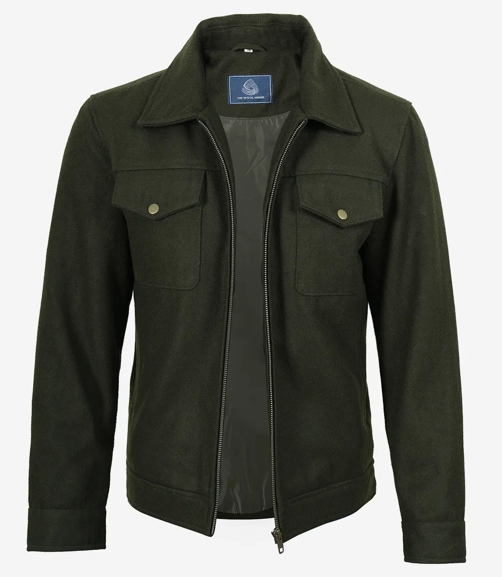 Veste utilitaire en laine vert olive pour homme – Fermeture zippée