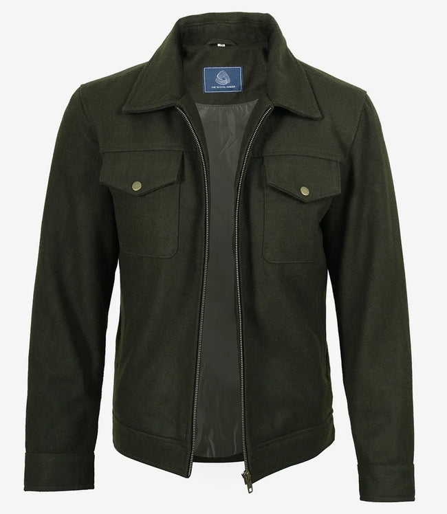 Veste utilitaire en laine vert olive pour homme – Fermeture zippée