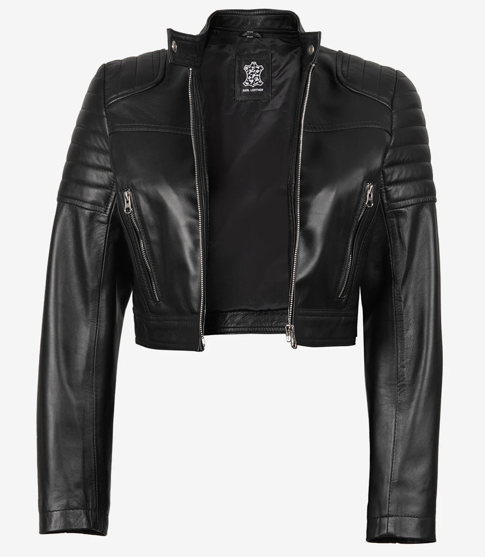 Womens Black Biker Cropped Leather Jacket