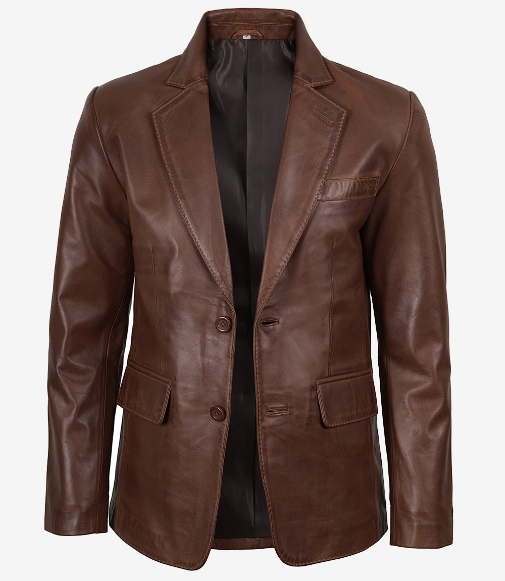 Blazer homme en cuir ciré cognac à deux boutons – Revers cranté