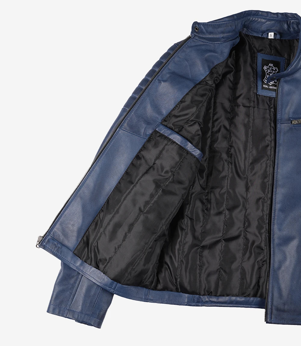 Mens Blue Waxed Cafe Racer Leather Jacket