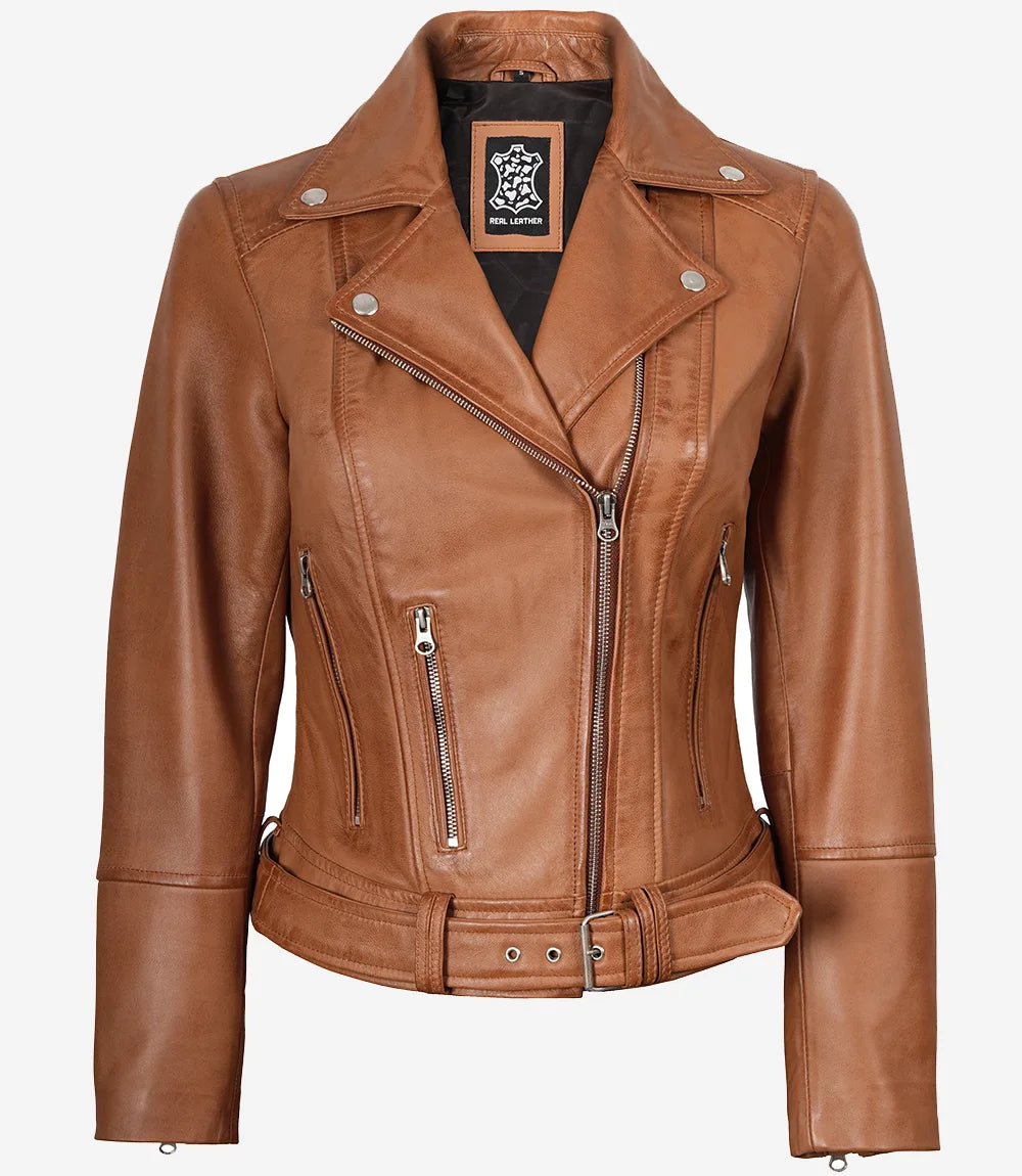 Veste asymétrique ceinturée en cuir couleur tan pour femm
