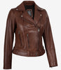 Veste asymétrique en cuir cognac pour femme - Ceinture à la taille 