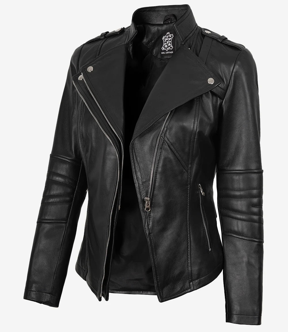 Veste style motard en cuir d'agneau noir pour femme