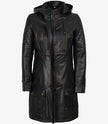 Manteau à capuche en cuir noir 3/4 pour femme 